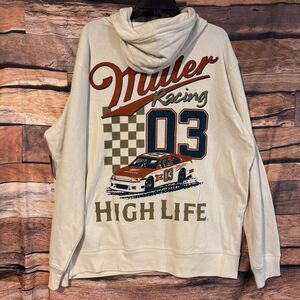 Miller High Life Racing Large Hoodie Sweatshirt Double Sided Sand Beige Beer Top